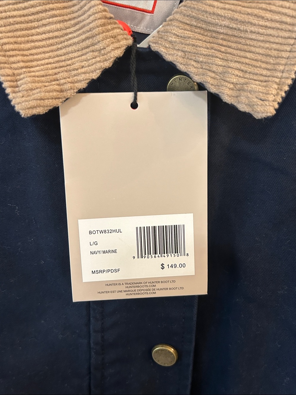 Hunter Navy women’s  Jacket with Tan Corduroy Collar Size large New! - Picture 7 of 8